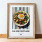 Salade Lyonnaise – on Striped Tablecloth, French Food Still Life, in wooden frame leaning on the floor