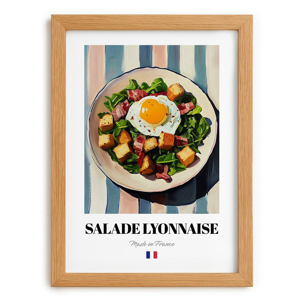 Salade Lyonnaise – on Striped Tablecloth, French Food Still Life, set in oak frame