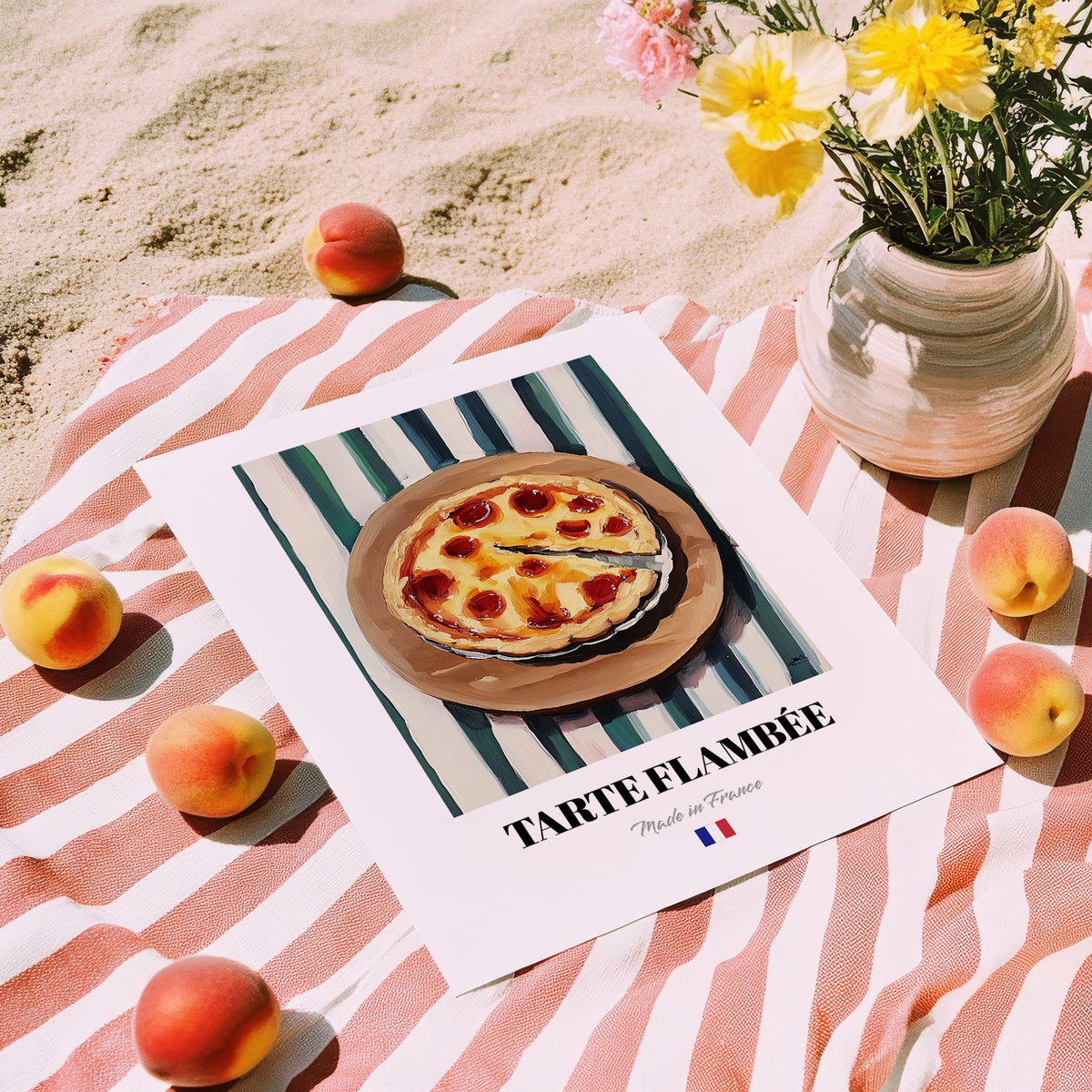 Tarte Flambée – on Striped Tablecloth, French Pastry Painting, unframed on coastal sand