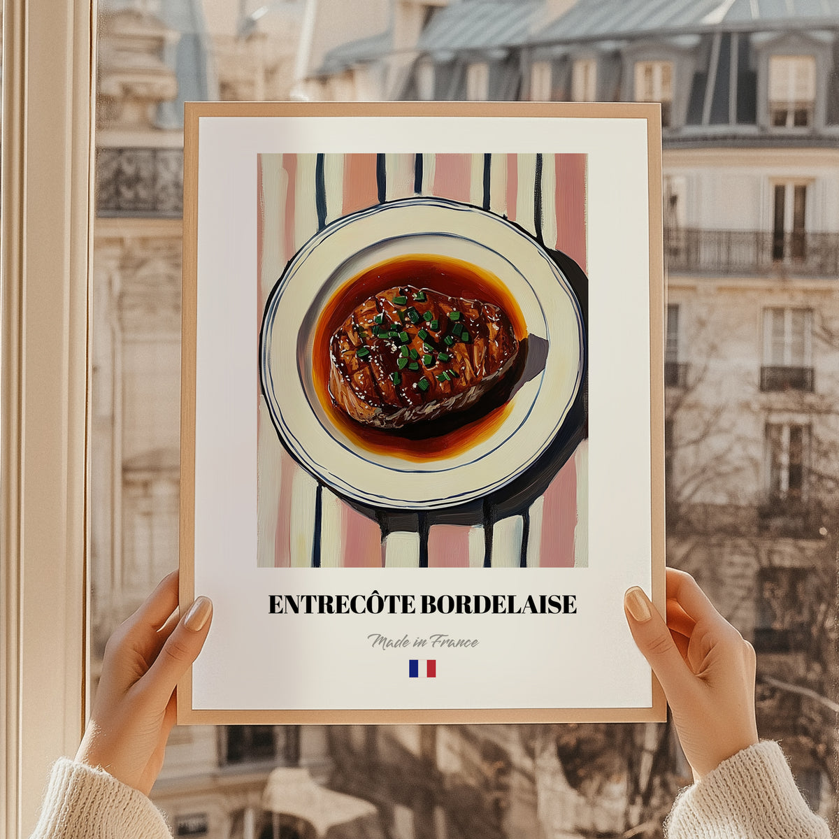 Entrecôte Bordelaise – on Striped Tablecloth, French Food Illustration, styled in a charming Paris street view