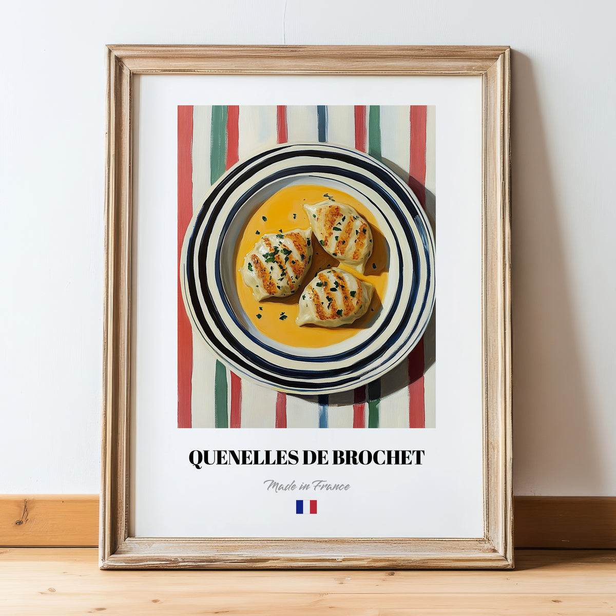 Quenelles de Brochet – on Striped Tablecloth, French Food Painting, in wooden frame leaning on the floor