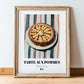 Tarte aux Pommes – on Striped Tablecloth, French French Dessert Wall Decor, in wooden frame leaning on the floor