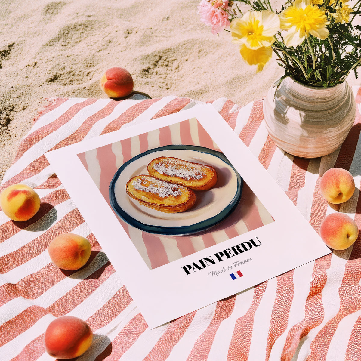 Pain Perdu – on Striped Tablecloth, French French Dessert Still Life, unframed on coastal sand