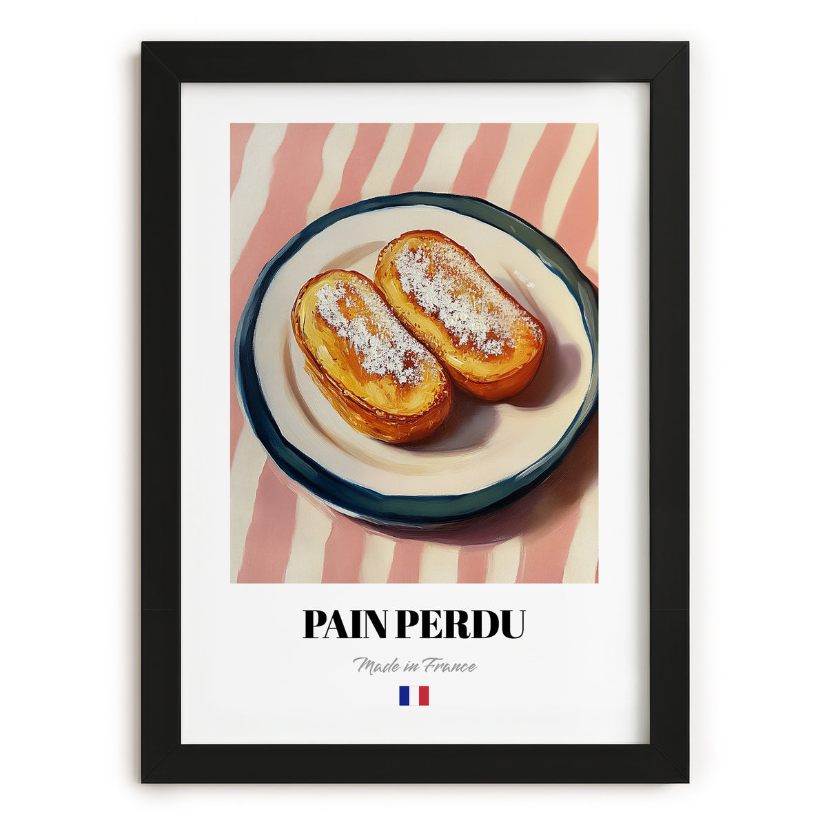 Pain Perdu – on Striped Tablecloth, French French Dessert Still Life, in sleek black frame