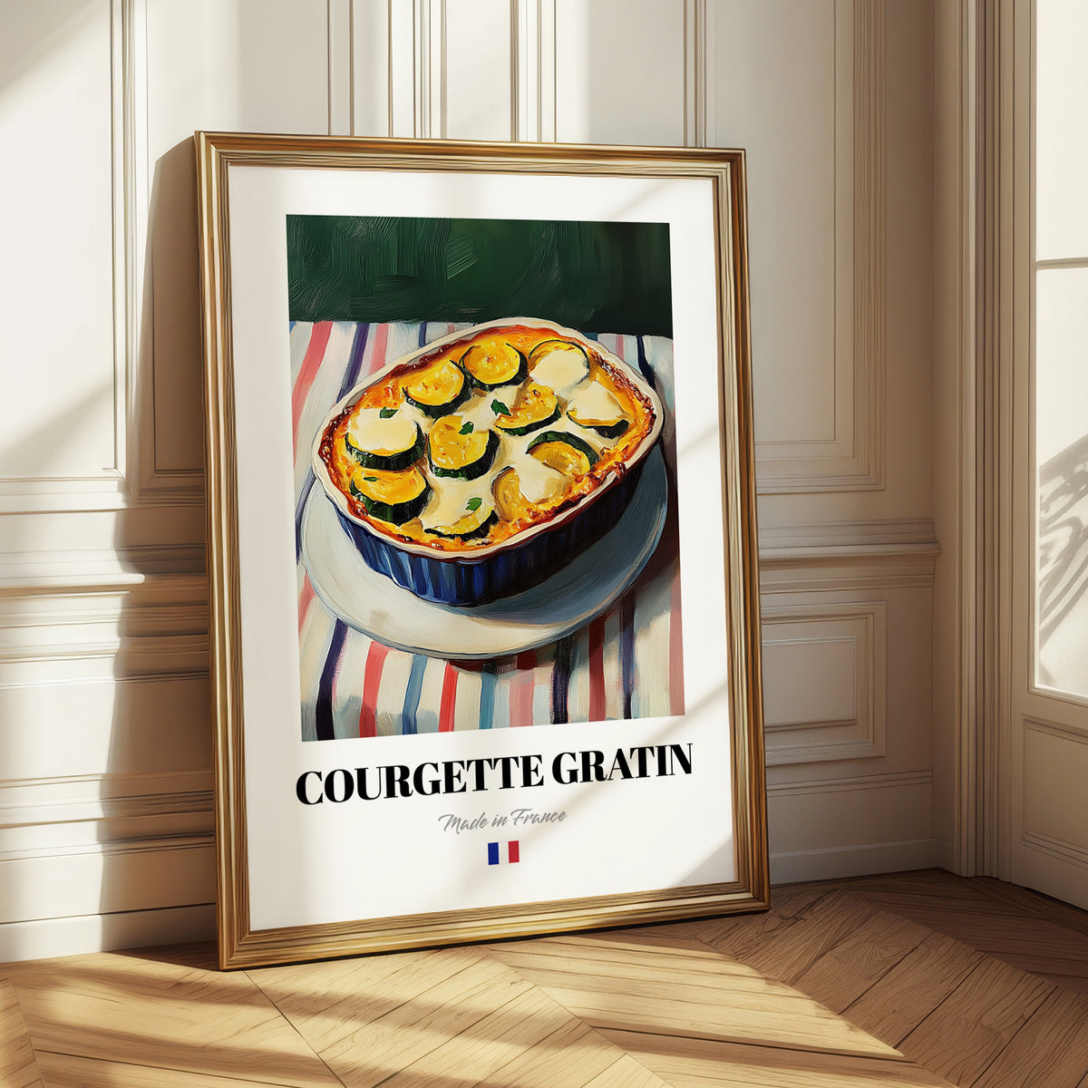 Courgette Gratin – on Striped Tablecloth, French Food Poster