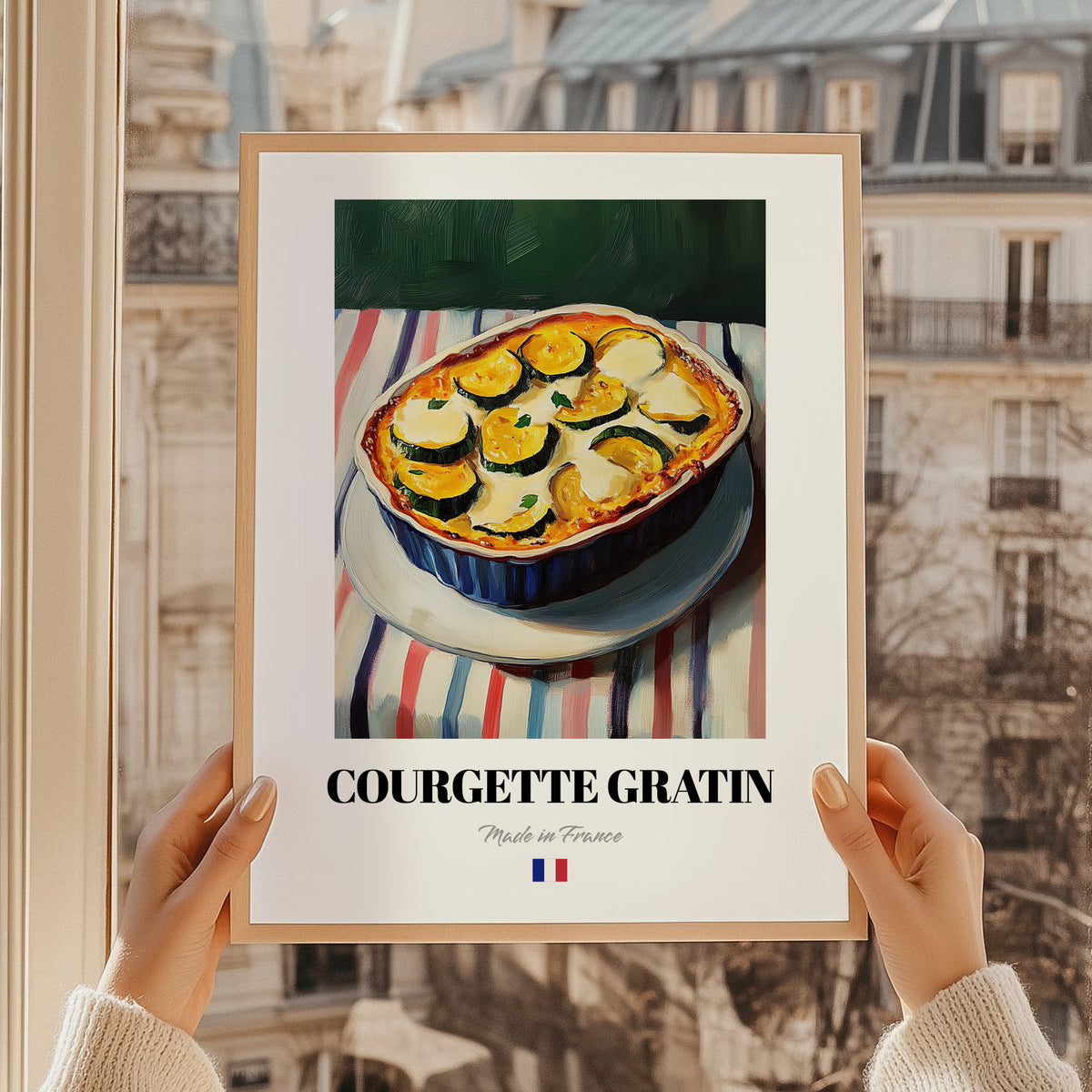 Courgette Gratin – on Striped Tablecloth, French Food Poster, styled in a charming Paris street view