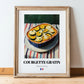 Courgette Gratin – on Striped Tablecloth, French Food Poster, in wooden frame leaning on the floor