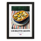 Courgette Gratin – on Striped Tablecloth, French Food Poster, in sleek black frame