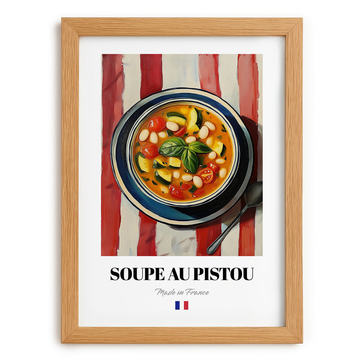 Soupe au Pistou – on Striped Tablecloth, French Food Illustration, set in oak frame