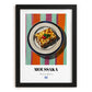 Moussaka – on Striped Tablecloth, Greek Food Still Life, in sleek black frame
