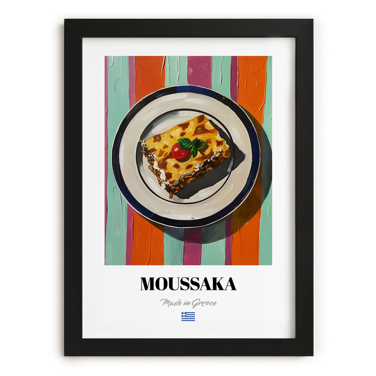 Moussaka – on Striped Tablecloth, Greek Food Still Life, in sleek black frame
