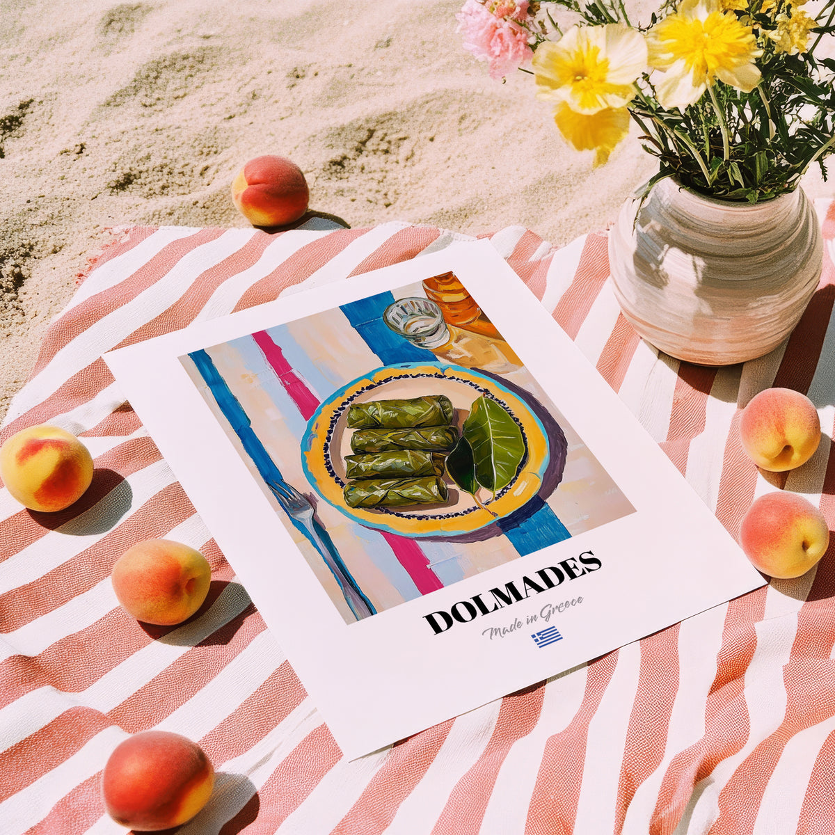 Dolmades – on Striped Tablecloth, Greek Food Illustration, unframed on coastal sand