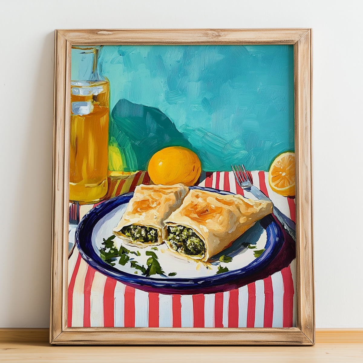 Spanakopita – Oil Painting, Greek Pastry Wall Decor, no-text version framed in wood