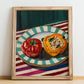 Gemista – on Striped Tablecloth, Greek Food Painting, no-text version framed in wood