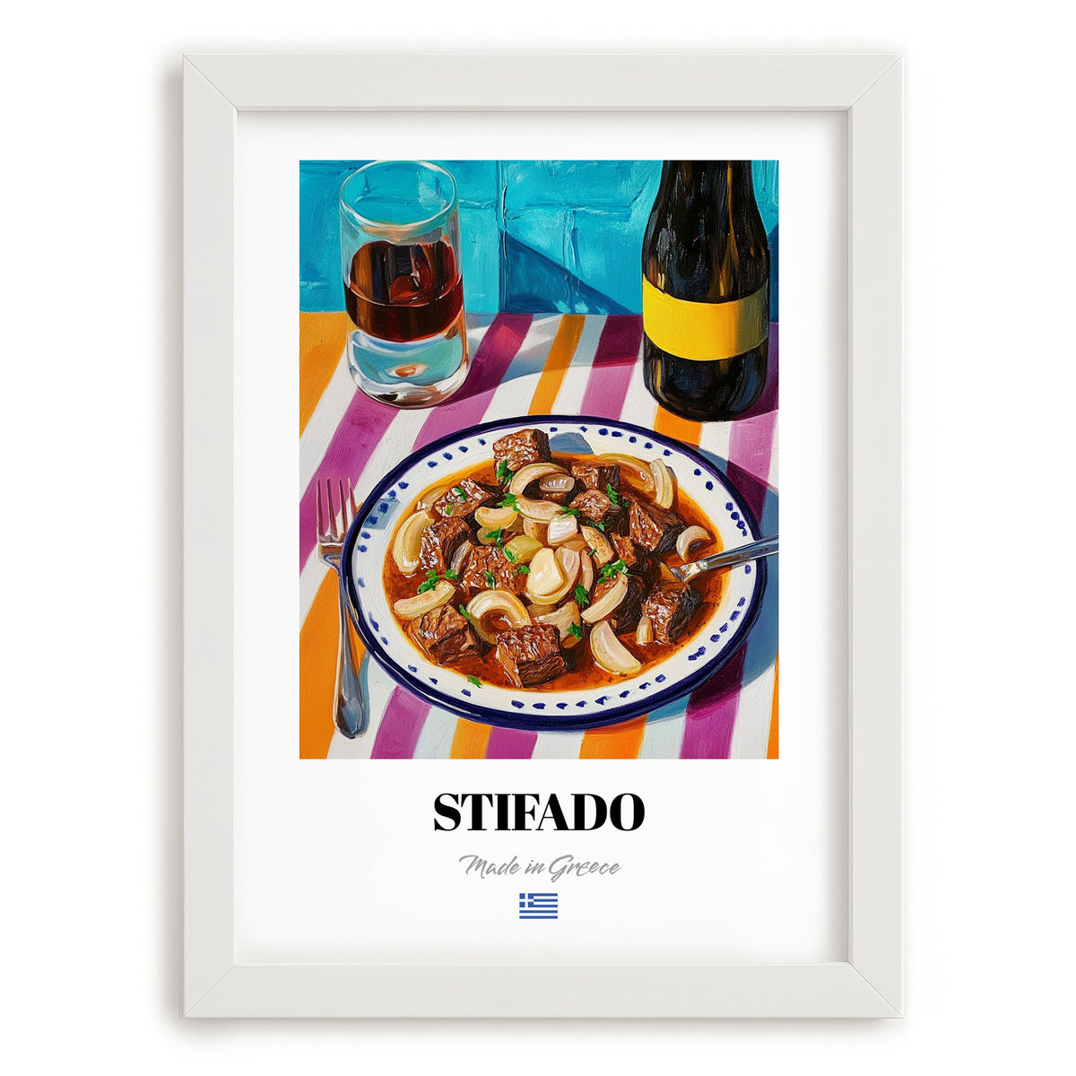 Stifado – Art, Greek Food Painting, placed in minimal white frame