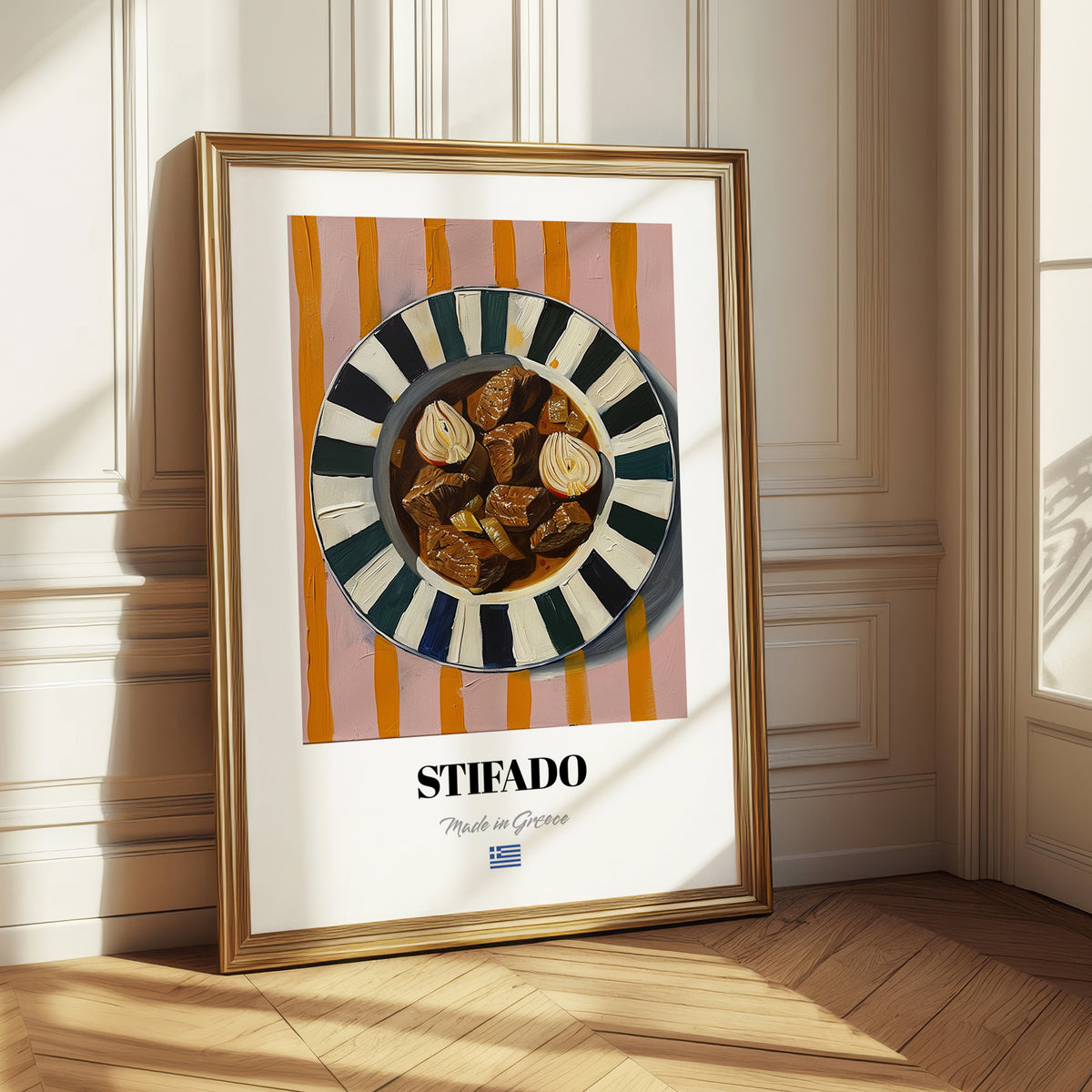 Stifado – on Striped Tablecloth, Greek Food Illustration