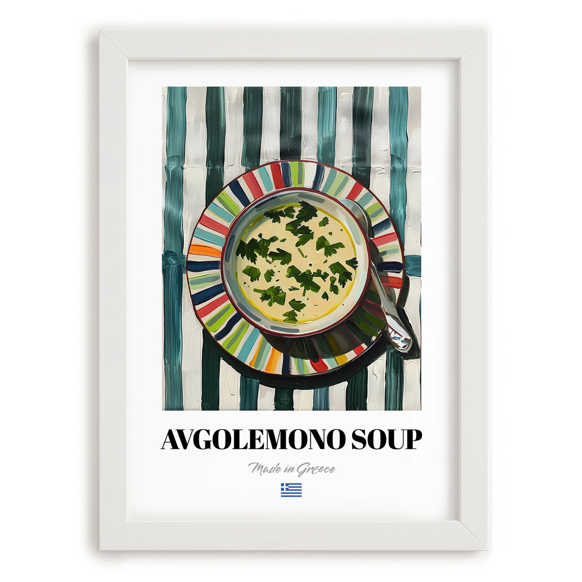 Avgolemono Soup – on Striped Tablecloth, Greek Food Wall Decor, placed in minimal white frame