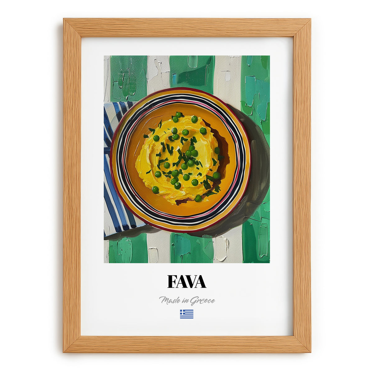 Fava – on Striped Tablecloth, Greek Food Wall Decor, set in oak frame