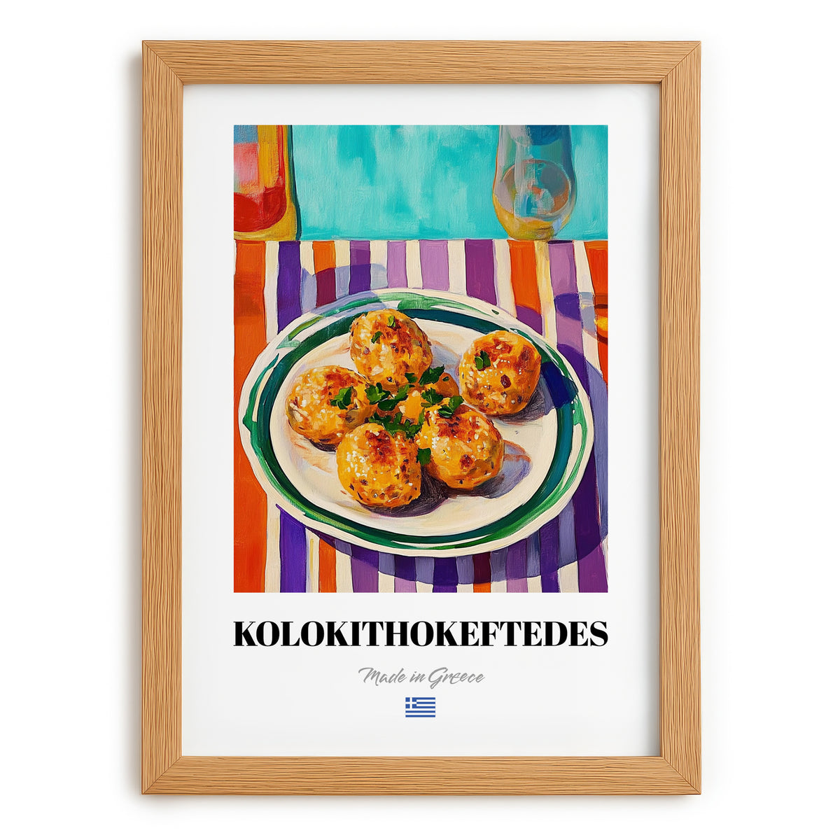 Kolokithokeftedes – Oil Painting, Greek Food Illustration, set in oak frame
