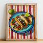 Tacos al Pastor – on Striped Tablecloth, Mexican Food Illustration, no-text version framed in wood