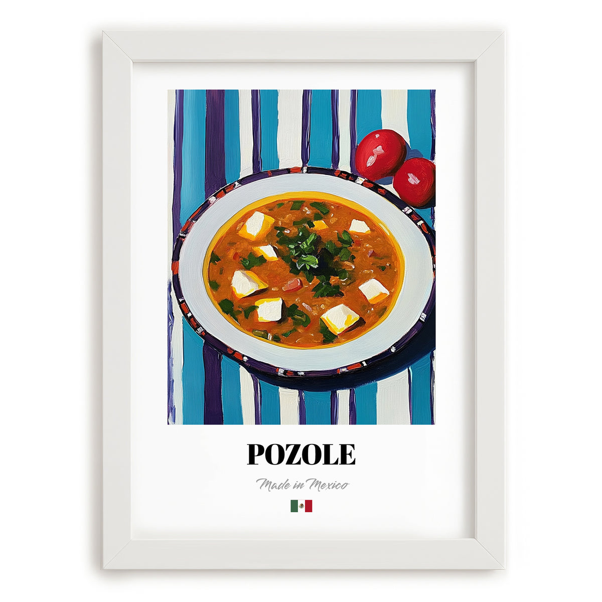 Pozole – on Striped Tablecloth, Mexican Food Print, placed in minimal white frame