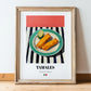 Tamales – on Striped Tablecloth, Mexican Food Wall Decor, in wooden frame leaning on the floor