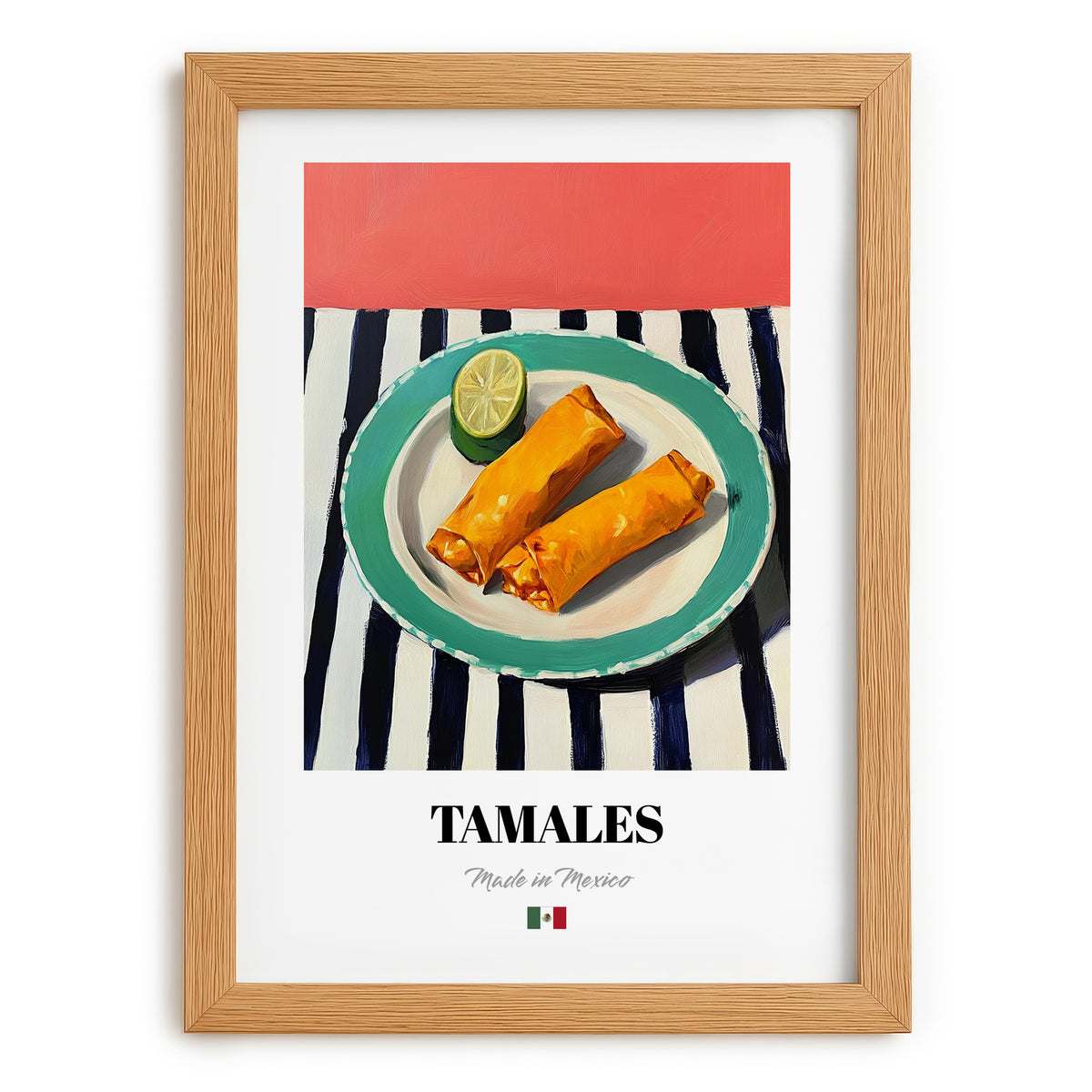 Tamales – on Striped Tablecloth, Mexican Food Wall Decor, set in oak frame