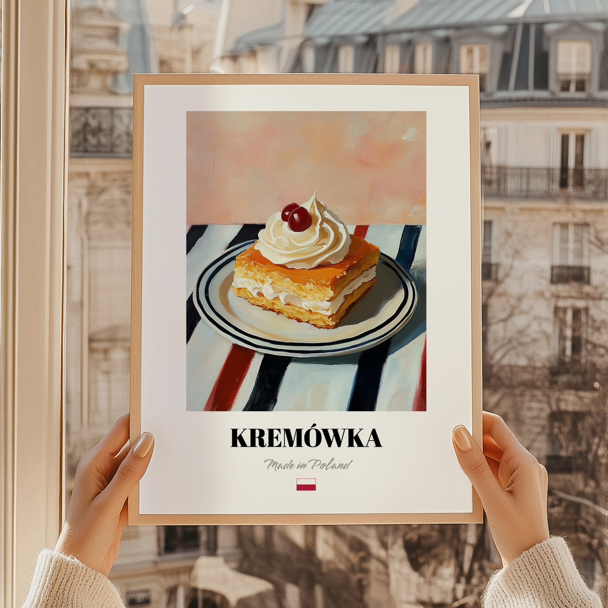 Kremówka (Napoleonka) – on Striped Tablecloth, Polish Dessert Painting, styled in a charming Paris street view