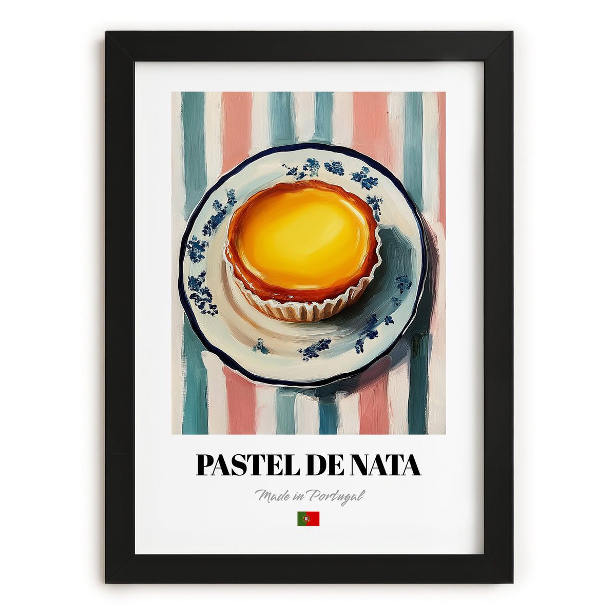 Pastel de Nata – on Striped Tablecloth, Portuguese Dessert Painting, in sleek black frame