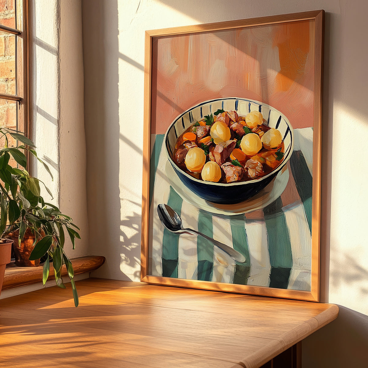 Cozido à Portuguesa – on Striped Tablecloth, Portuguese Food Wall Art, clean layout with no caption