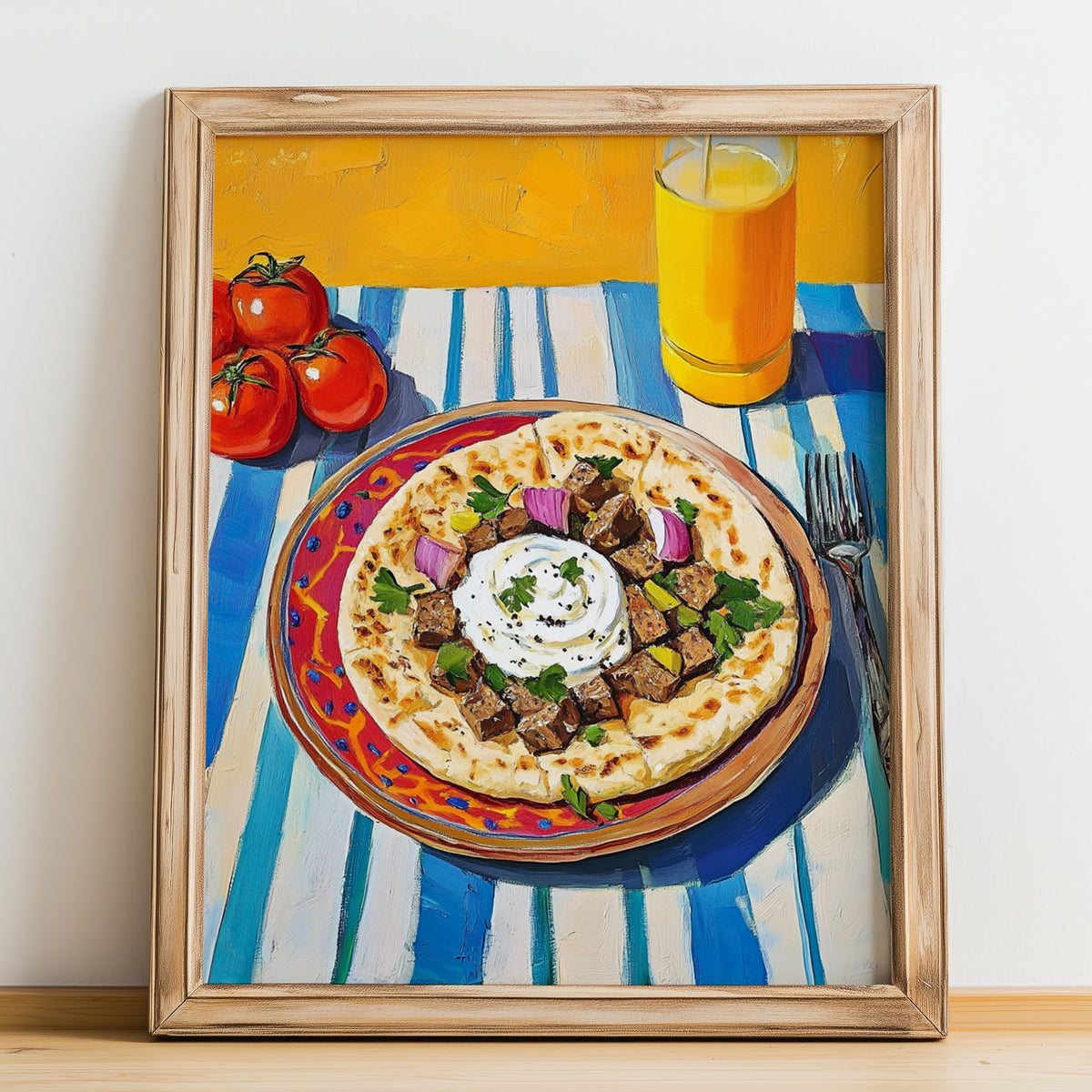 İskender Kebap – Oil Painting, Turkish Food Illustration, no-text version framed in wood