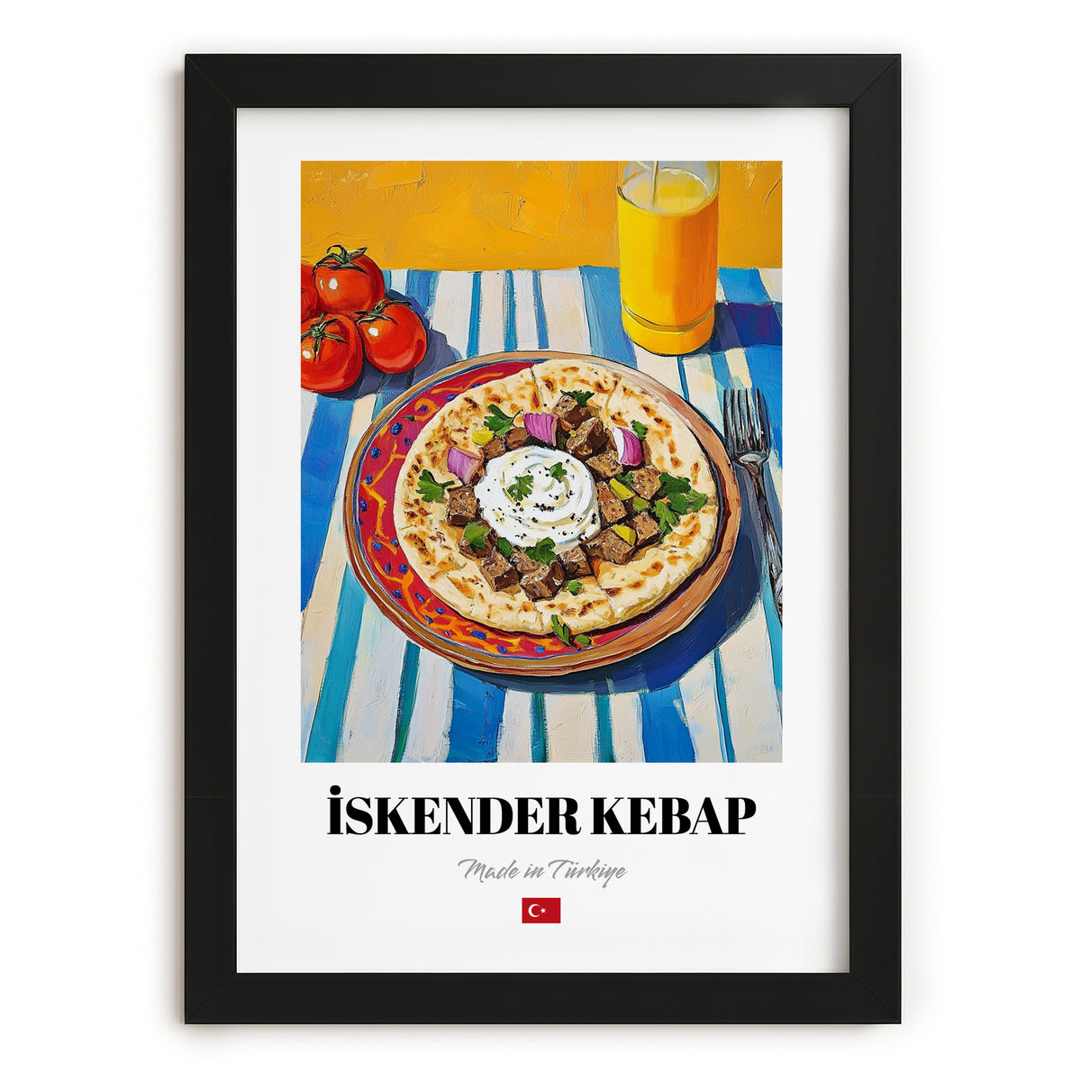 İskender Kebap – Oil Painting, Turkish Food Illustration, in sleek black frame