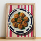 Köfte – on Striped Tablecloth, Turkish Food Wall Painting, no-text version framed in wood
