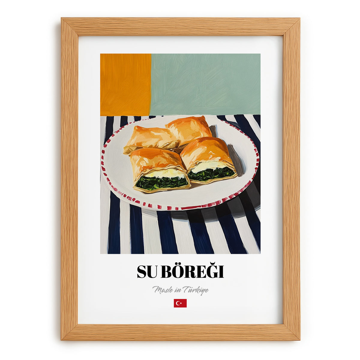 Su Böreği – on Striped Tablecloth, Turkish Pastry Poster, set in oak frame