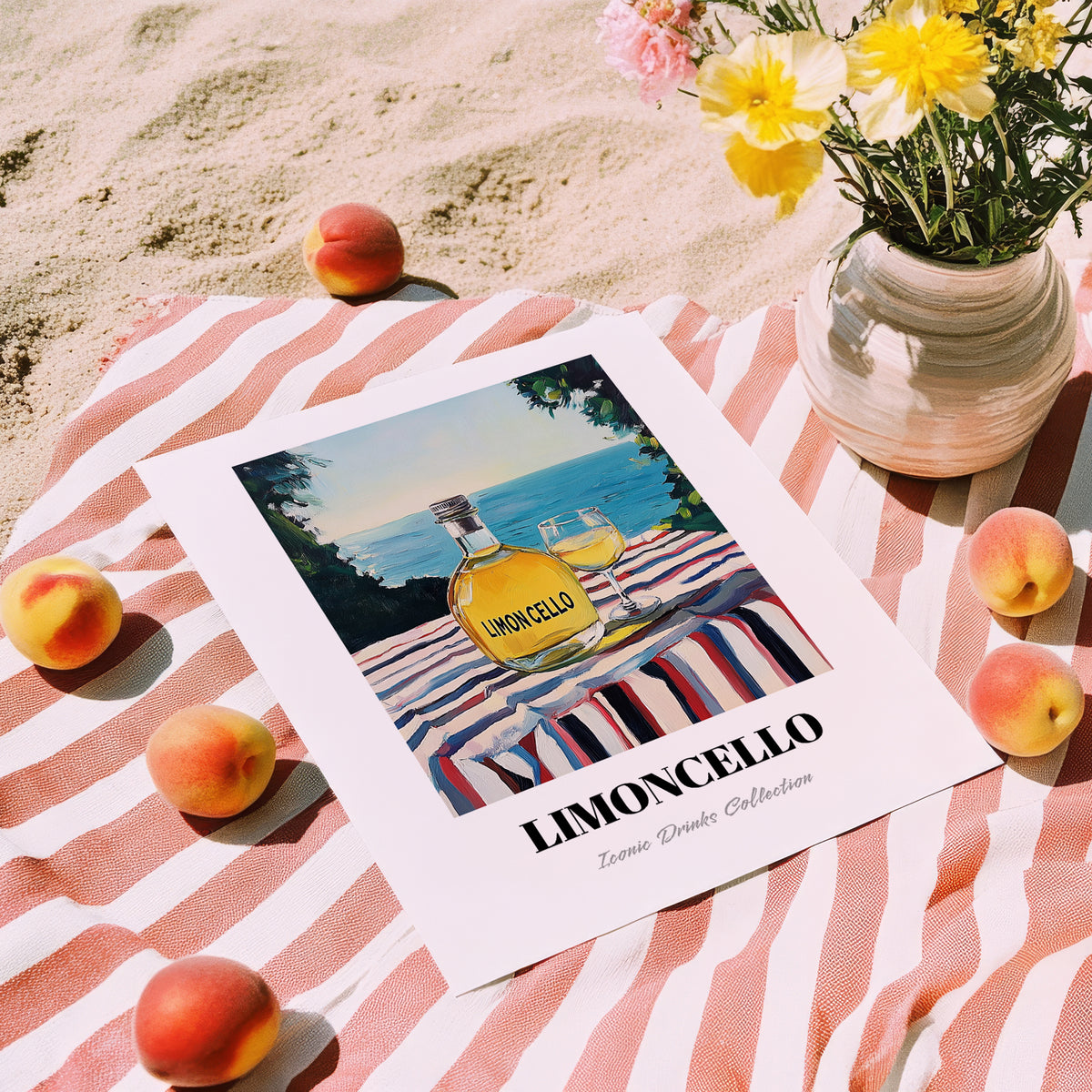 Limoncello – Italian Seaside Café Scene, Italian Spirit Wall Art, unframed on coastal sand