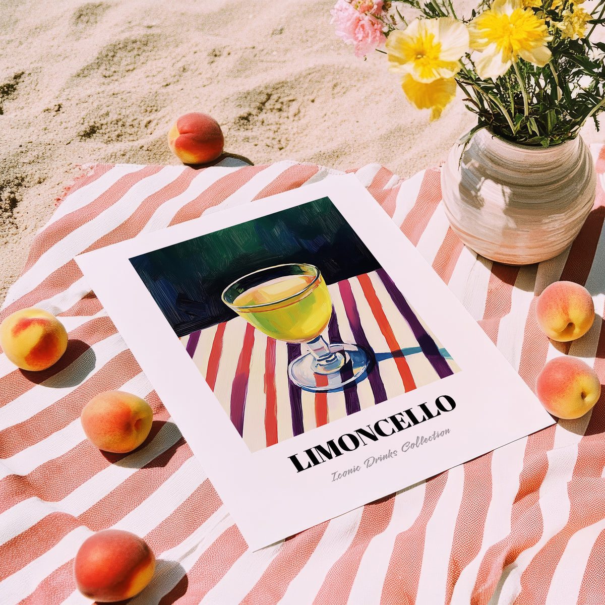 Limoncello – on Striped Tablecloth, Italian Spirit Wall Decor, unframed on coastal sand