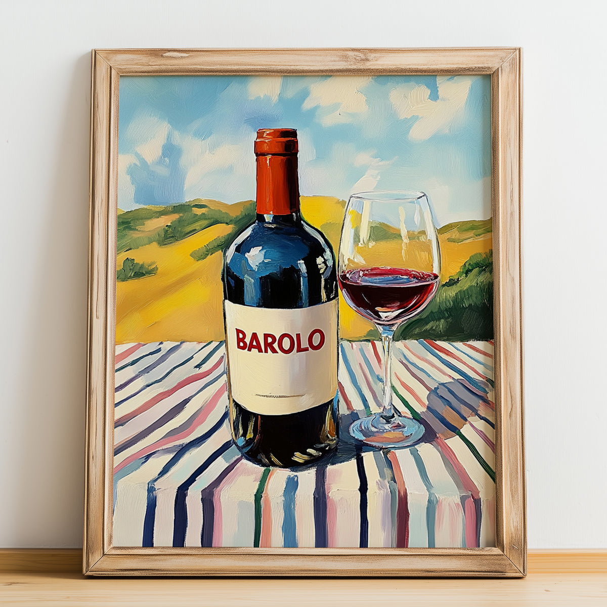 Barolo – Italian Hilltop Table Scene, Italian Wine Painting, no-text version framed in wood