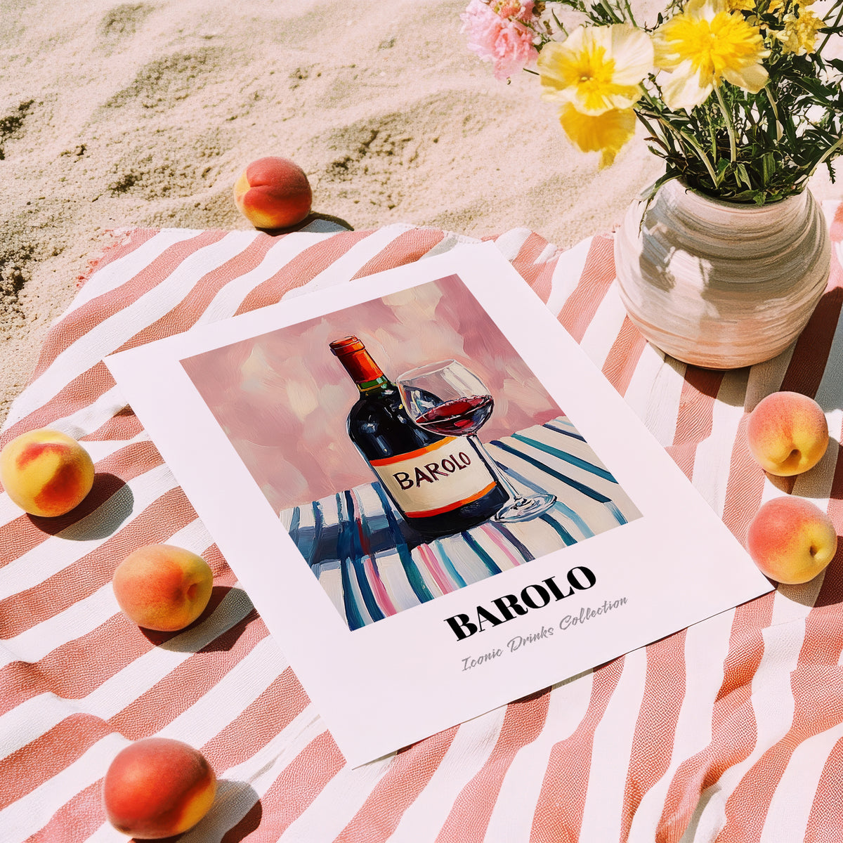 Barolo – on Striped Tablecloth, Italian Wine Wall Decor, unframed on coastal sand
