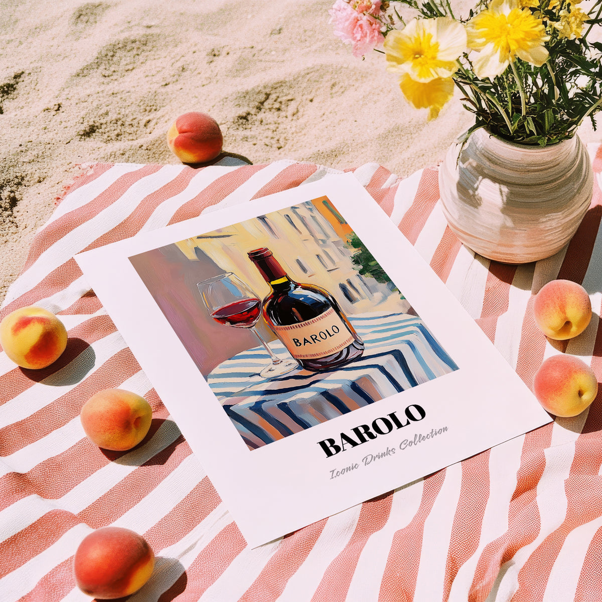 Barolo – Italian Café on the Corner, Italian Wine Illustration, unframed on coastal sand