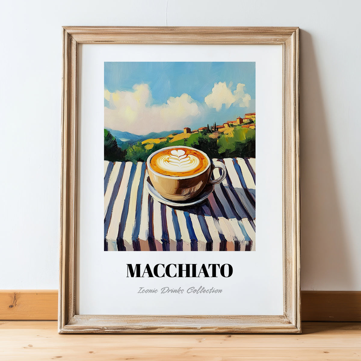 Macchiato – Italian Hilltop Table Scene, Italian Coffee Painting, in wooden frame leaning on the floor