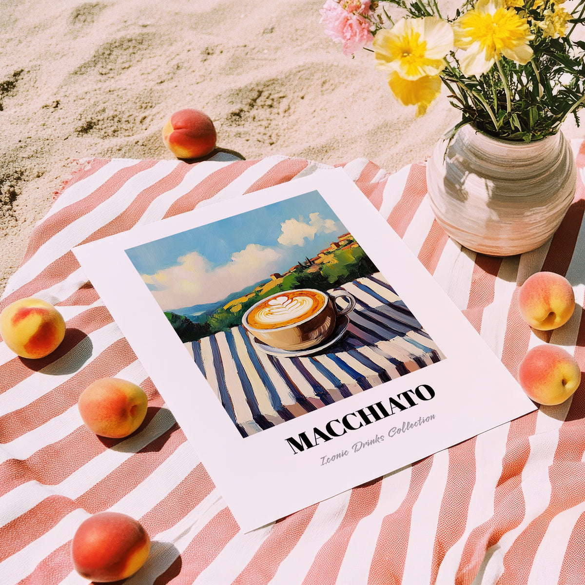 Macchiato – Italian Hilltop Table Scene, Italian Coffee Painting, unframed on coastal sand
