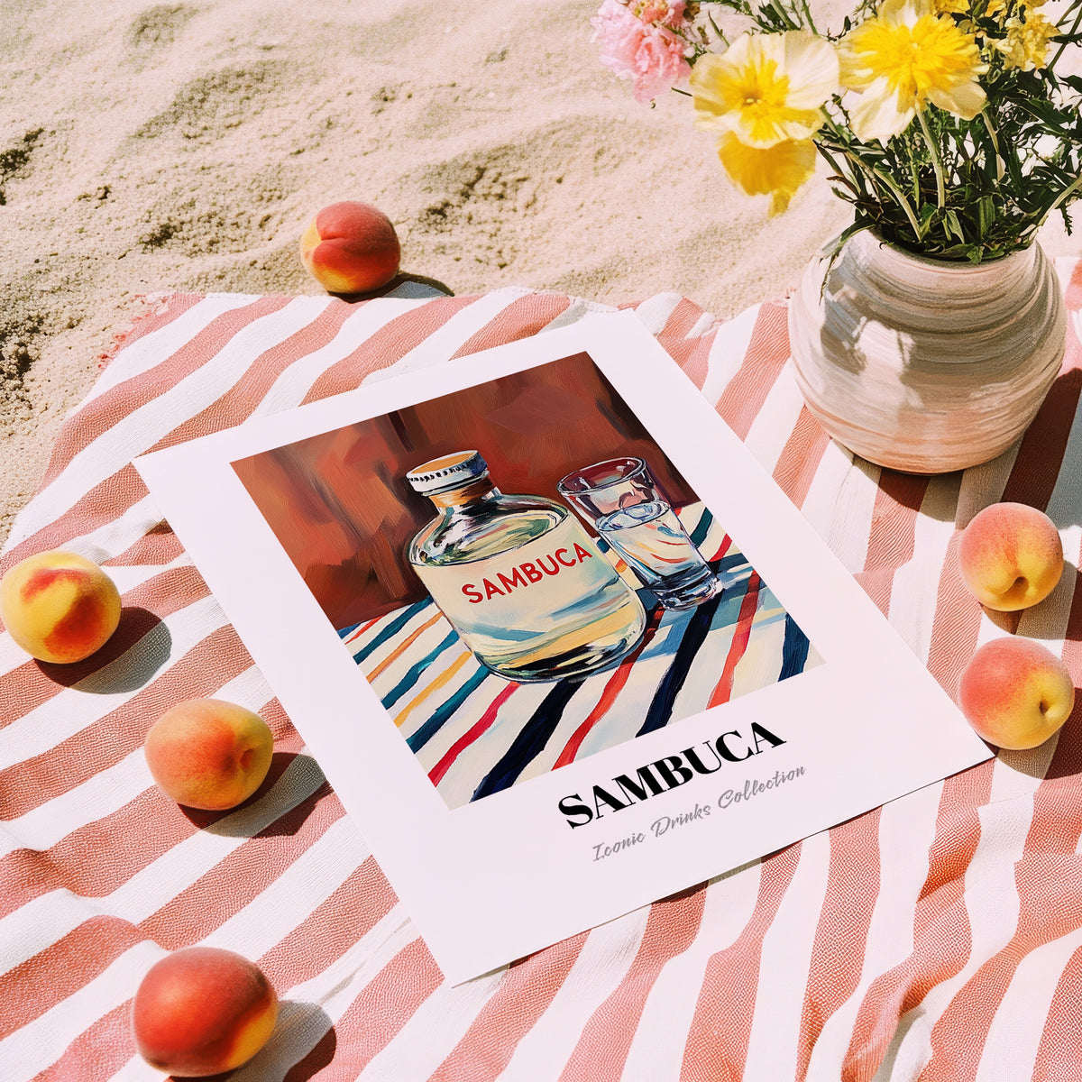 Sambuca – on Striped Tablecloth, Italian Spirit Wall Decor, unframed on coastal sand
