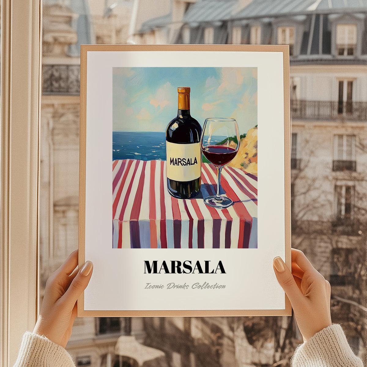 Marsala – Italian Seaside Scene, Italian Wine Poster, styled in a charming Paris street view