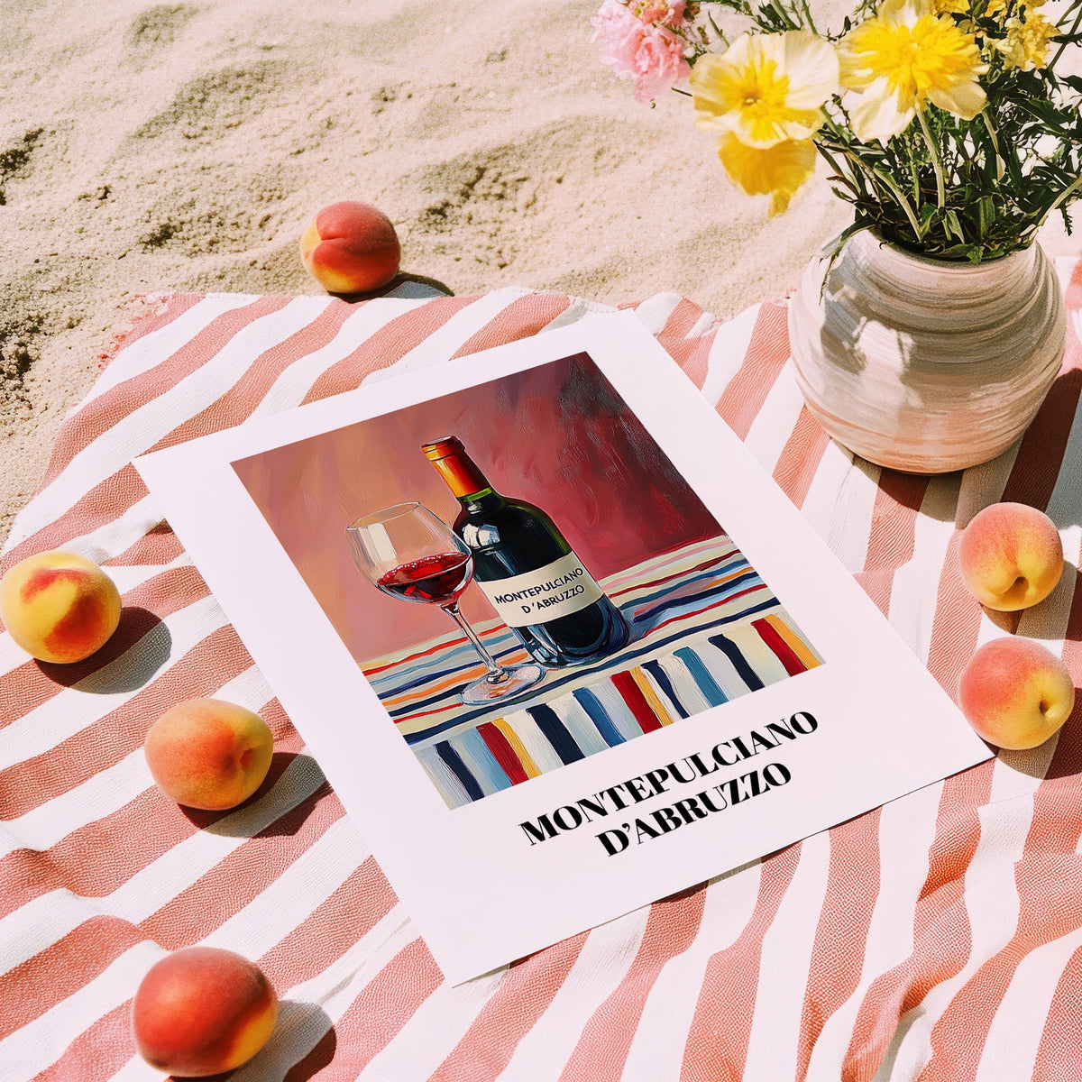 Montepulciano d'Abruzzo – on Striped Tablecloth, Italian Wine Painting, unframed on coastal sand