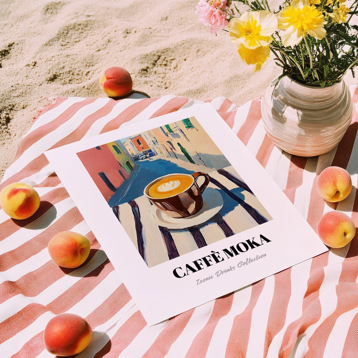 Caffè Moka – Italian Outdoor Café Scene, Italian Coffee Still Life, unframed on coastal sand