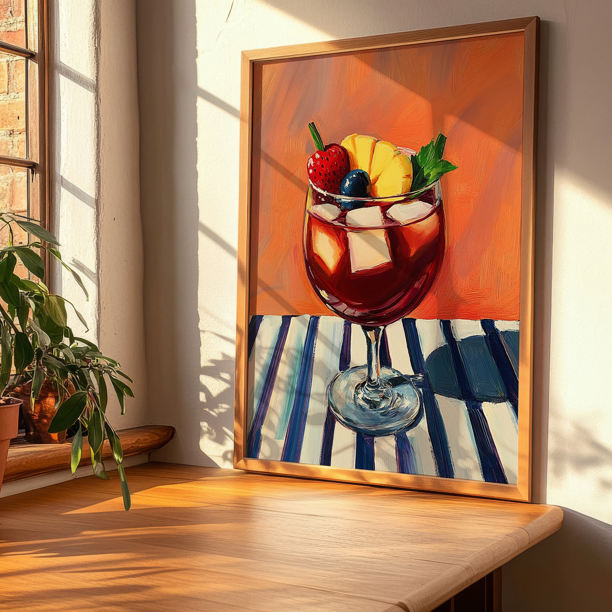 Sangría – on Striped Tablecloth, Spanish Cocktail Illustration, clean layout with no caption