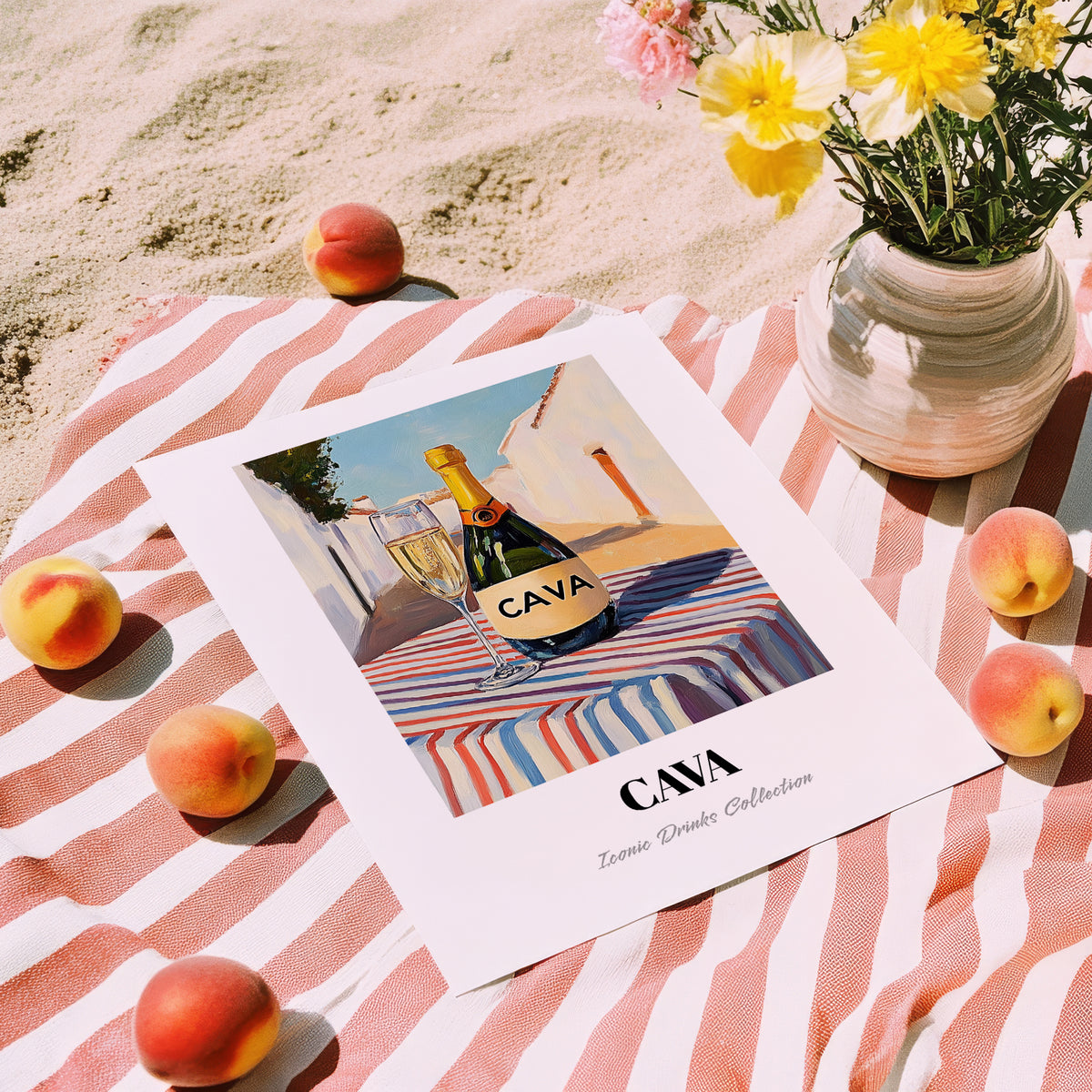 Cava – Spanish Urban Café Scene, Spanish Wine Print, unframed on coastal sand