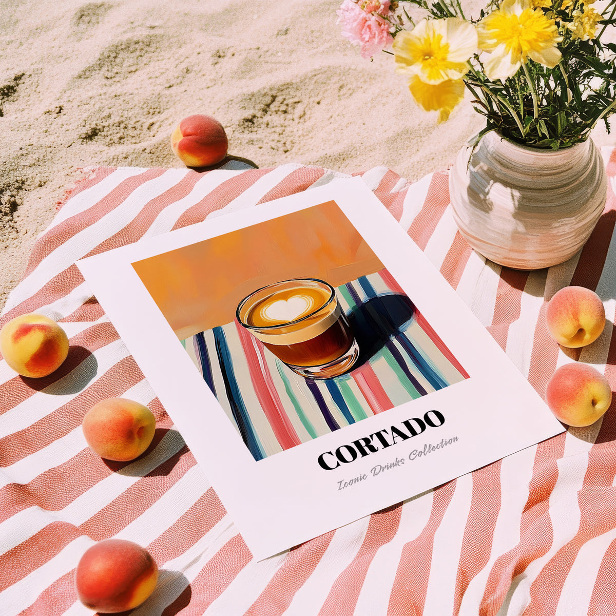 Cortado – on Striped Tablecloth, Spanish Coffee Wall Decor, unframed on coastal sand