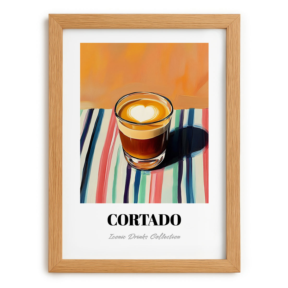 Cortado – on Striped Tablecloth, Spanish Coffee Wall Decor, set in oak frame