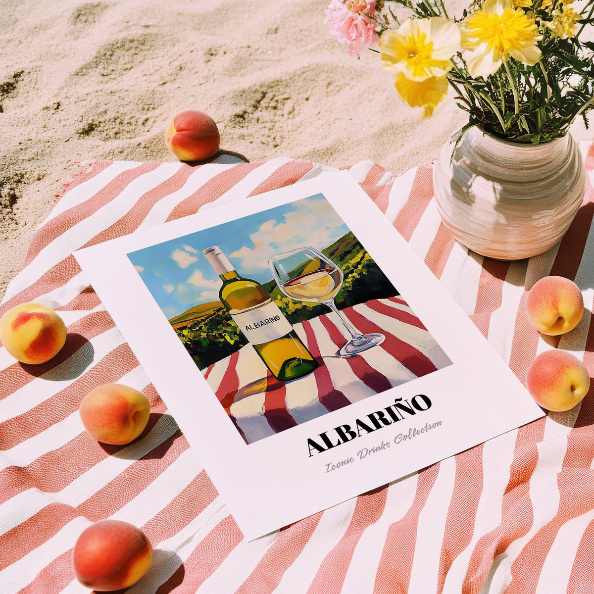 Albariño – Spanish Hilltop Table Scene, Spanish Wine Wall Art, unframed on coastal sand